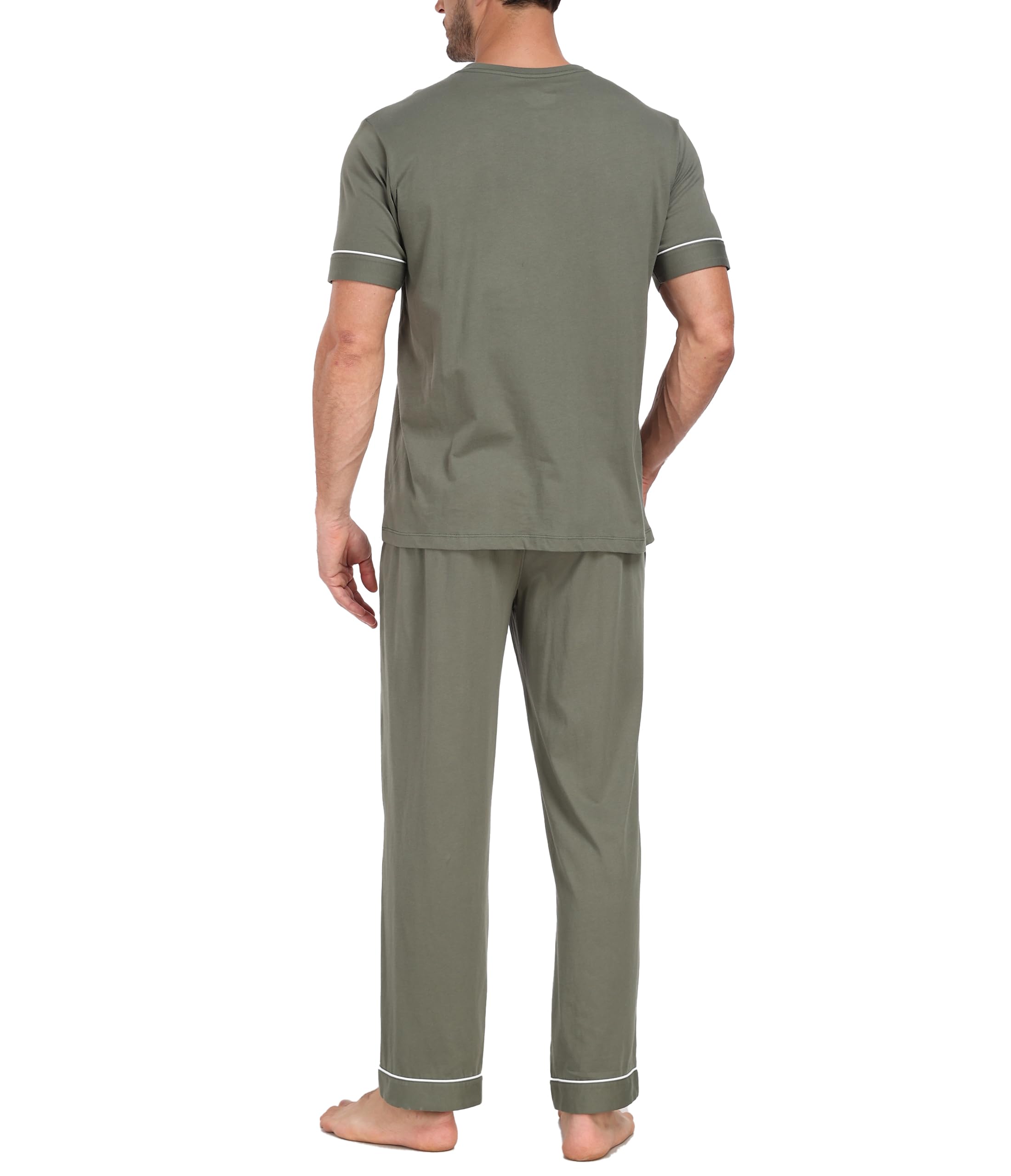 COLORFULLEAF 100% Baumwolle Schlafanzug Herren Lange Hose Kurzarm Nachtwäsche Herren Pyjama Set V-Ausschnitt T-Shirt
