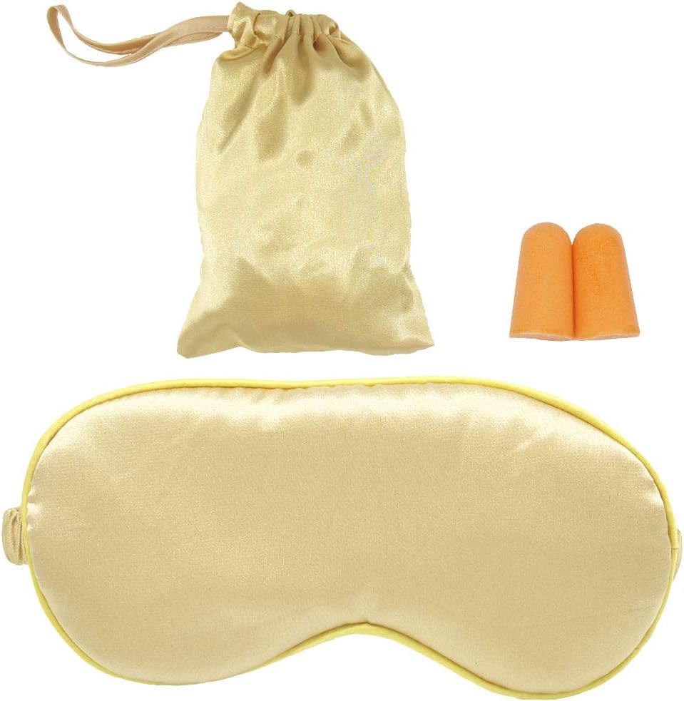 HappyDaily Beautiful Silk Sleep Mask with Luxury Travel Pouch and Ear Plug – Soft and Comfortable Eye Shade Eye Cover for Full Night Sleep,Nap,Travel (Gold)