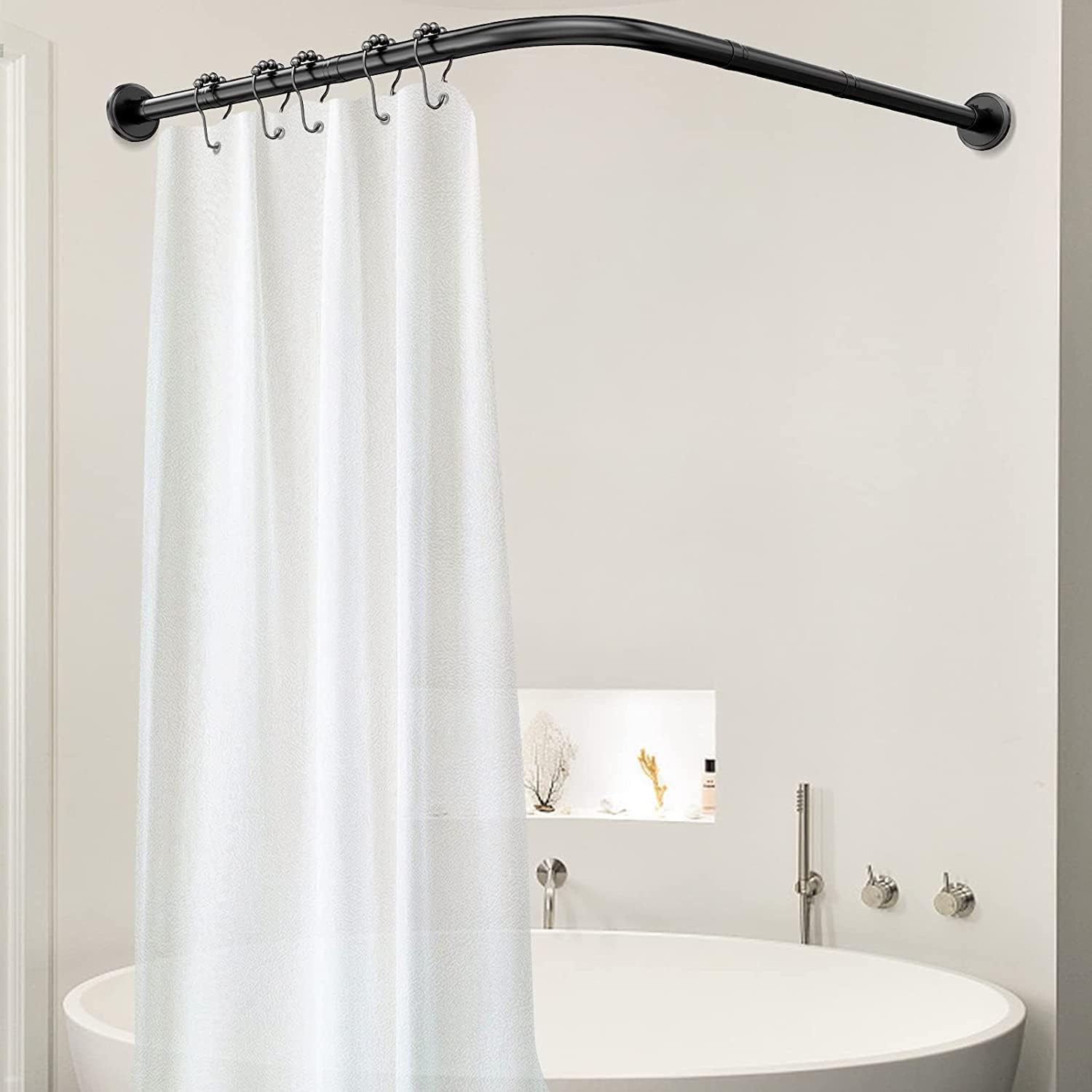 Barra de cortina de ducha en forma de L, ajustable, de acero inoxidable 304, barra de tensión curvada y extensible para baños (70-95 cm x 90-130 cm)