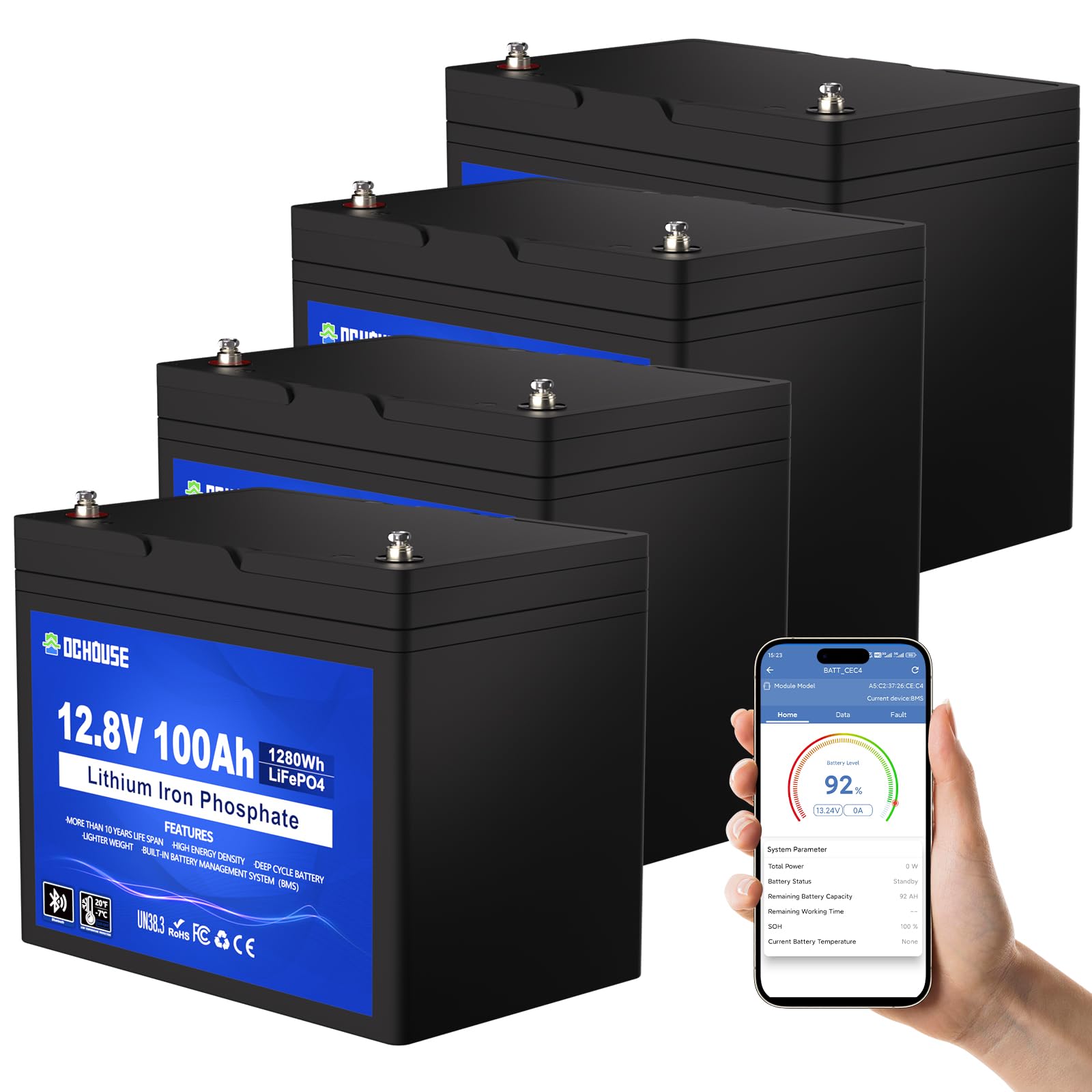 12V 100AH 4Pack Lithium Battery, 5.12 KWH LiFeO4 Battery 100A BMS, Bluetooth & Low Temp Cut-Off, Up to 15000 Lithium Deep Cycle, Perfect for RV, Trolling Motor, Kayak Cart