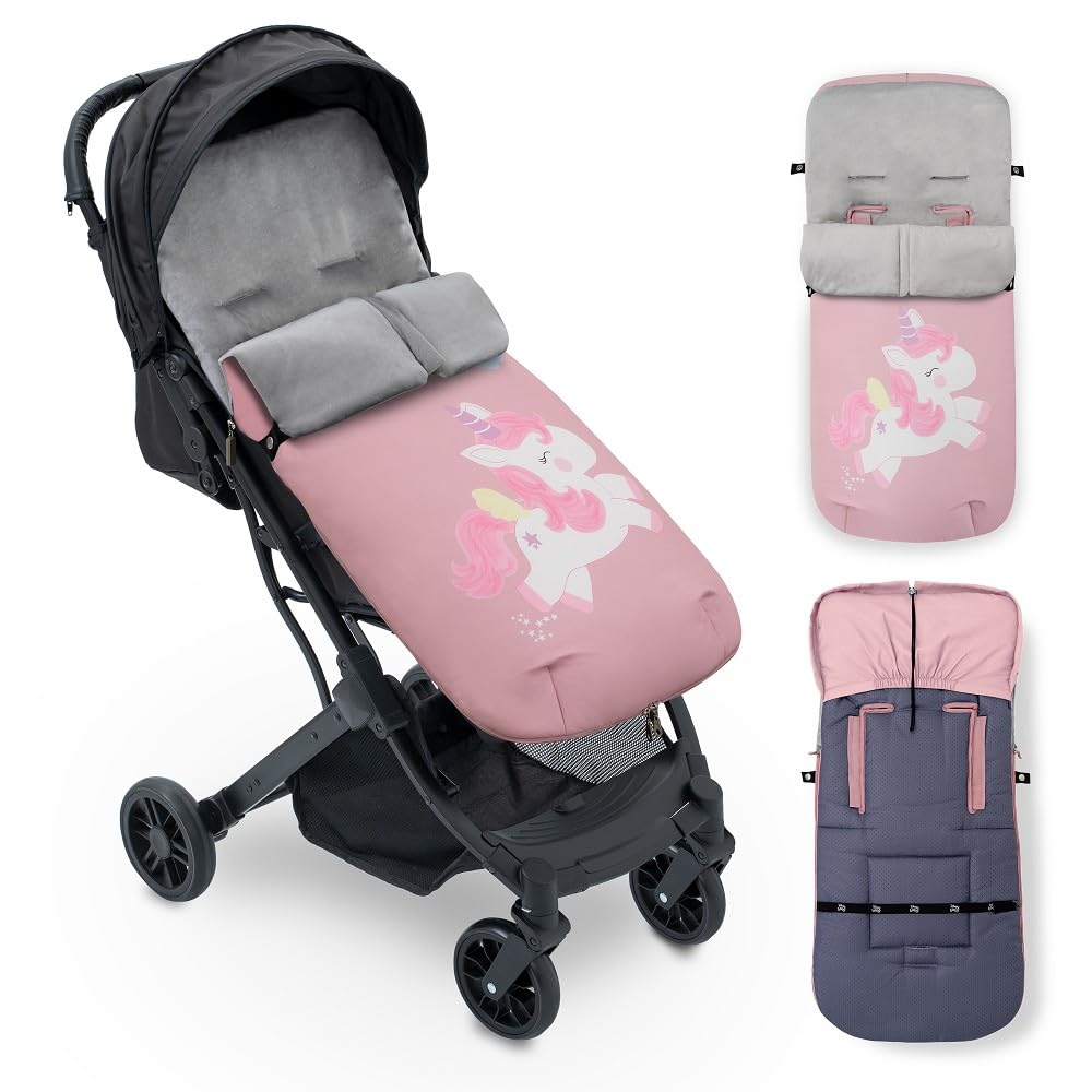 Sacco Passeggino Invernale Universale Interbaby | Copri Passeggino Universale Morbida | Sacco Termico per Ovetto Rimovibile, Doppia Apertura, Facile da Lavare, Materiali Anallergici, Unicorno Rosa