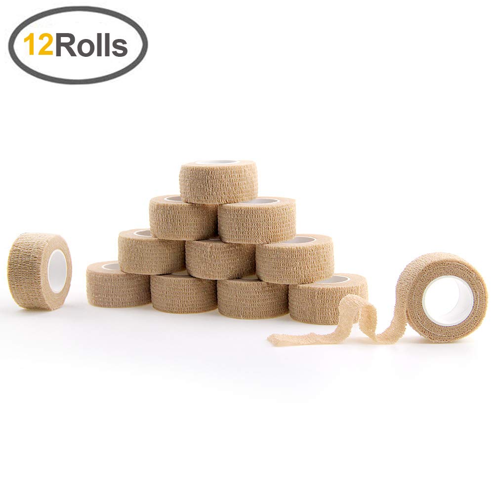 MUEUSS Self Adherent Cohesive Wrap Bandages Strong Elastic for Sprain Swelling and Soreness on Wrist and Ankle First Aid Tape 1 Inch X 5 Yards 2.5cm (Beige, 12 Roll)