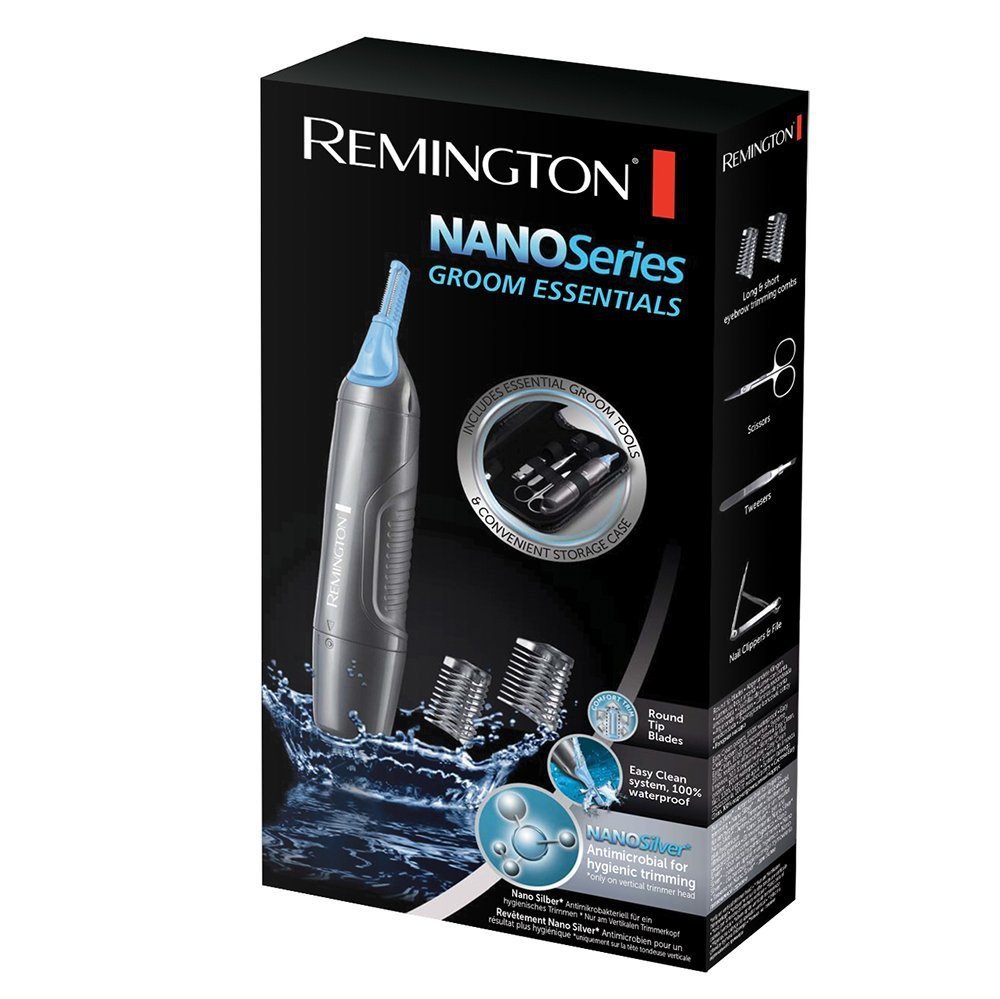 Remington Tondeuse Nez [Kit Complet Visage] Nano Series (Antimicrobien & Hypoallergénique, 2 têtes, Fonction à piles, pince à épiler, ciseaux, coupe-ongle, lime à ongles,Trousse) NE3455