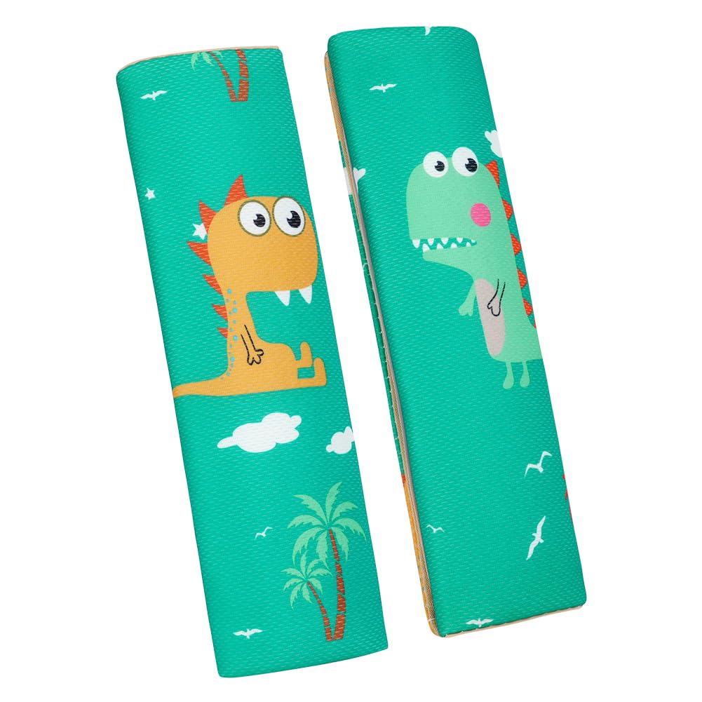 URAQT 2 Stück Gurtpolster Auto Kinder, Auto Gurtpolster Gurtschutz mit Dinosaurier Dino Motiv, Schutzkissen und Samtbeutel Groß für mehr Komfort auf der Reise (Grüner Dinosaurier)