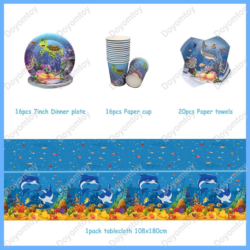 Doyomtoy Stoviglie per Feste Animali Marini, 53 Pezzi Decorazioni Compleanno Ocean Sea, Piatti, Tazze, Tovaglioli per Bambini