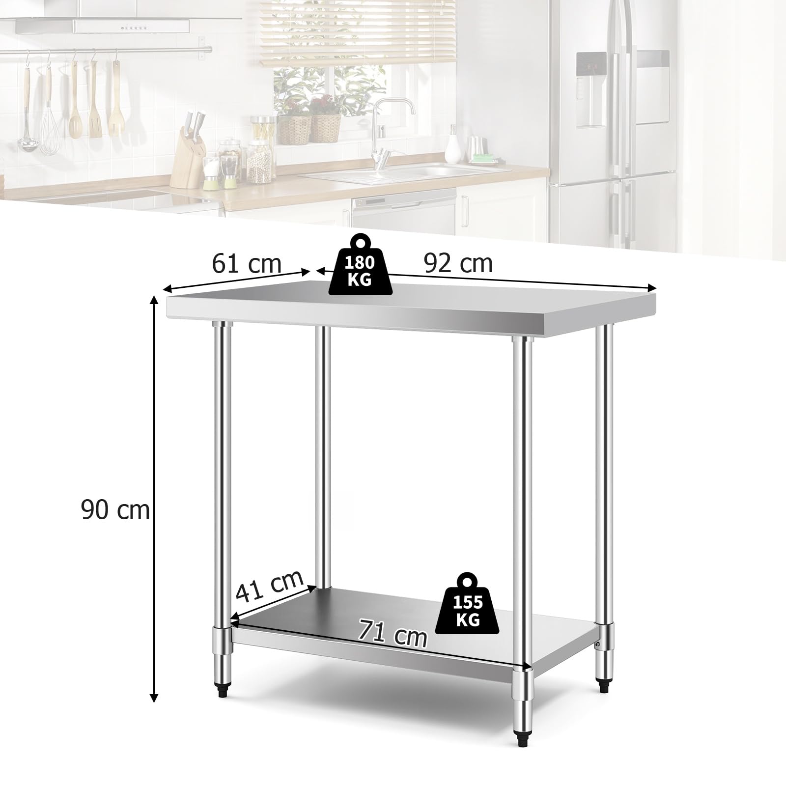 GYMAX Tavolo da Lavoro per Cucina Acciaio Inox Professionale, Carico 180kg + 155kg, Ripiano Inferiore Regolabile, per Commerciale Ristorante Ospedale (Stile 2, 92 x 61 x 90 cm)