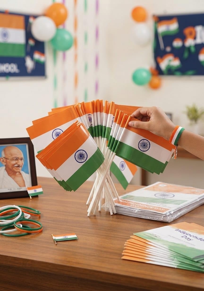 Atpata Funky Indian Tricolor Hand Flags Pack of 50 | 4 x 6 Inch Mini Paper Flags with Sticks | Patriotic Flag Set for Independence Day, Republic Day, School Functions, Cultural Events & Decorations-image-48