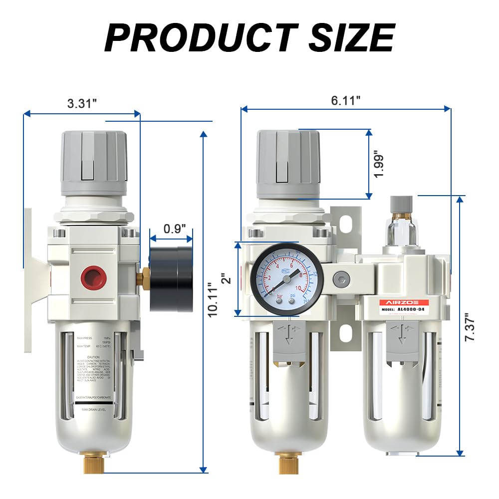 AIRZOE 1/2 "NPT Filtro aria compressa regolatore Lubrificatore Combo, Compressore d'aria Separatore d'acqua AC4010-04,5 Micron Elemento in ottone Semi-Automatico, 0-145 psi Gauge