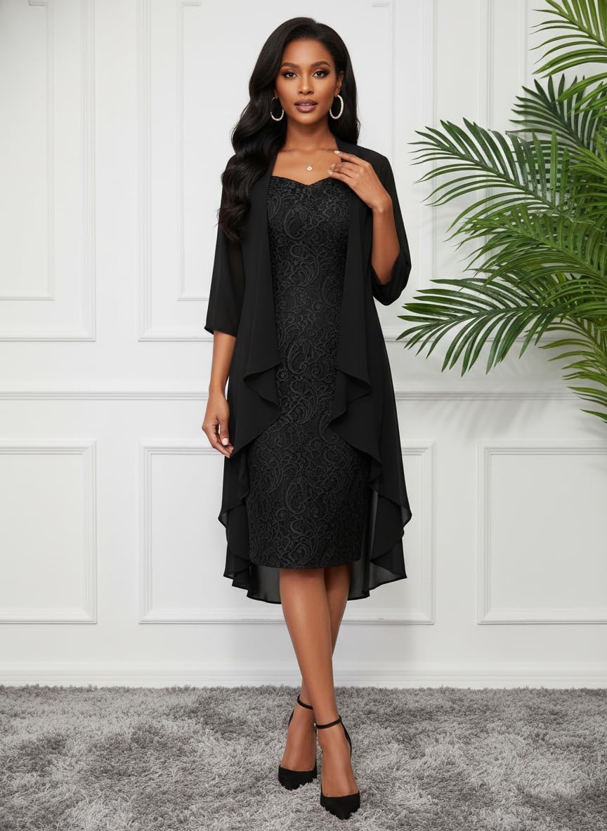 2-Piece Wedding Guest Dresses for Women Elegant Lace Dress with Chiffon Jacket Formal Cocktail Evening Outfit - Image 2