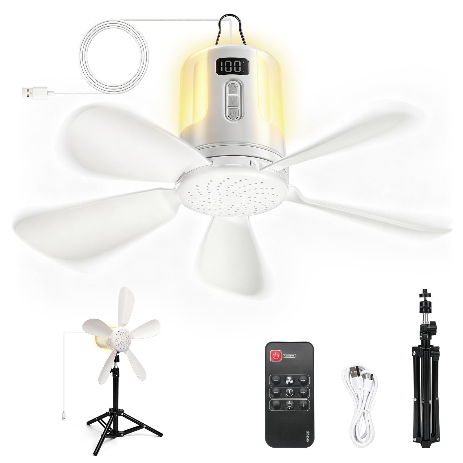 Roadtime Ventilador de techo de 40 cm portátil con iluminación LED y mando