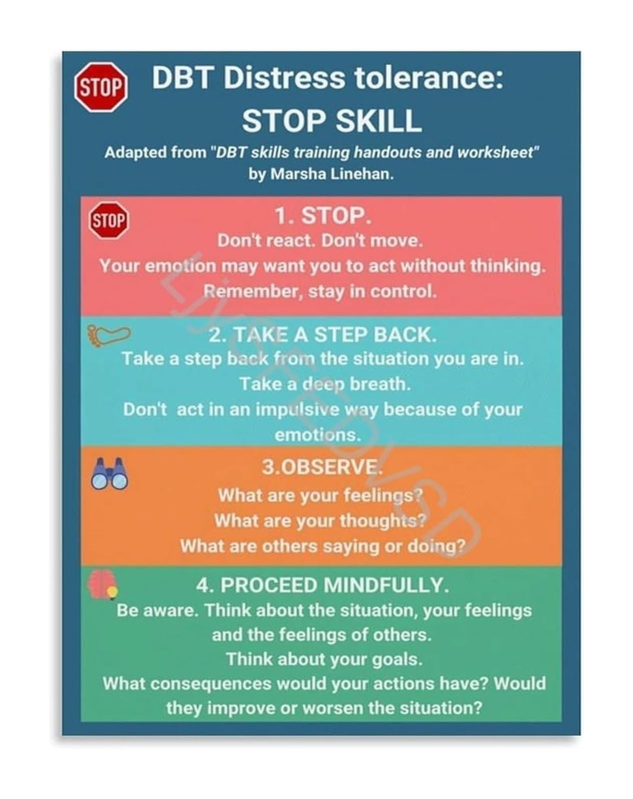 AUOQKQUT DBT Poster for Emotional Regulation Mental Health Wall-Art Calming Coping Skill Chart Office or Home Counseling Decor 8 X 12 inch