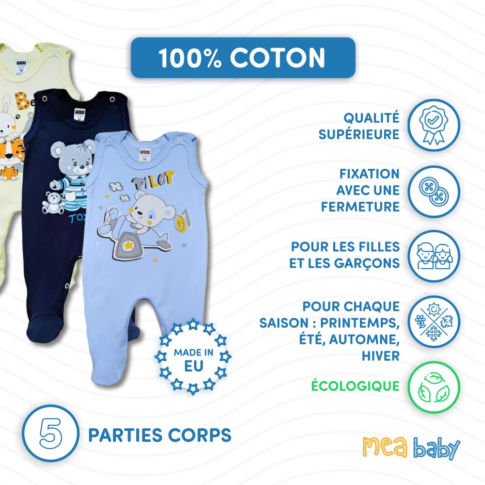 MEA BABY grenouillère bébé unisexe 100% coton, lot de 5, avec imprimé, pour filles et garçons (Parent)