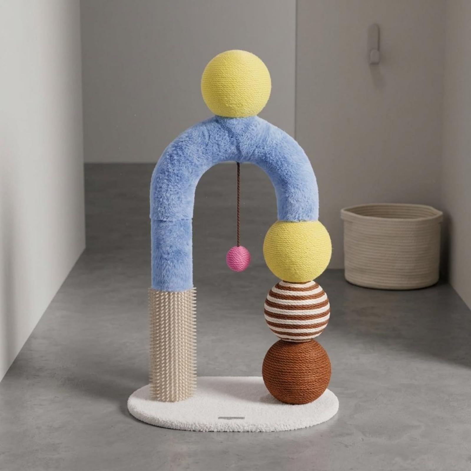 Tiragraffi per Gatti Colonna Tiragraffi con Arco Base Ovale Compatta Post Rivestito in Sisal Giocattolo Appeso per Struttura Multistrato in Pannello E Tubo Cartone Adatto a Casa Salotto