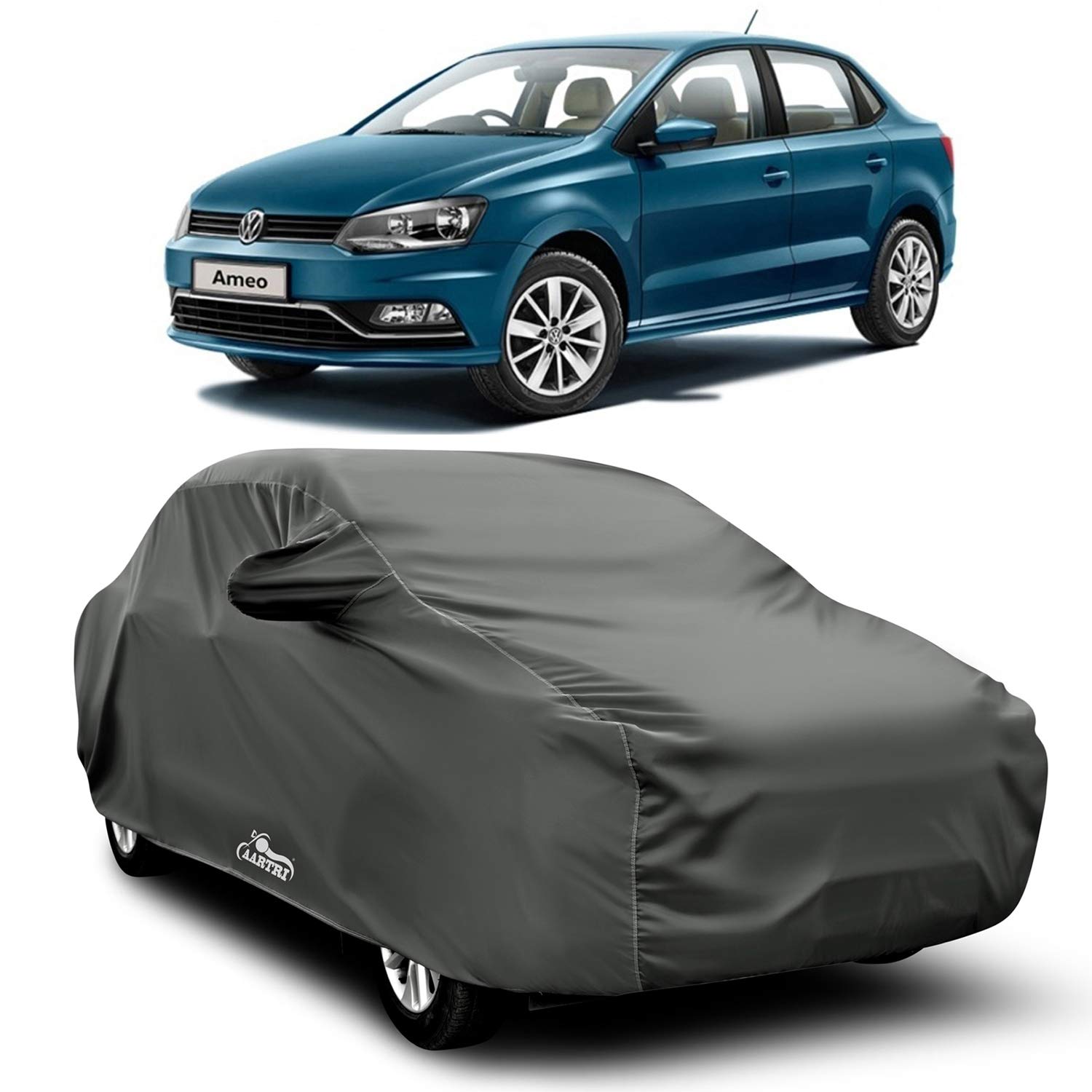 XG Brand 4X4 Material Fabric 100% Waterproof Car Cover for Volkswagen Ameo (Dark Grey with Mirror Pockets)
