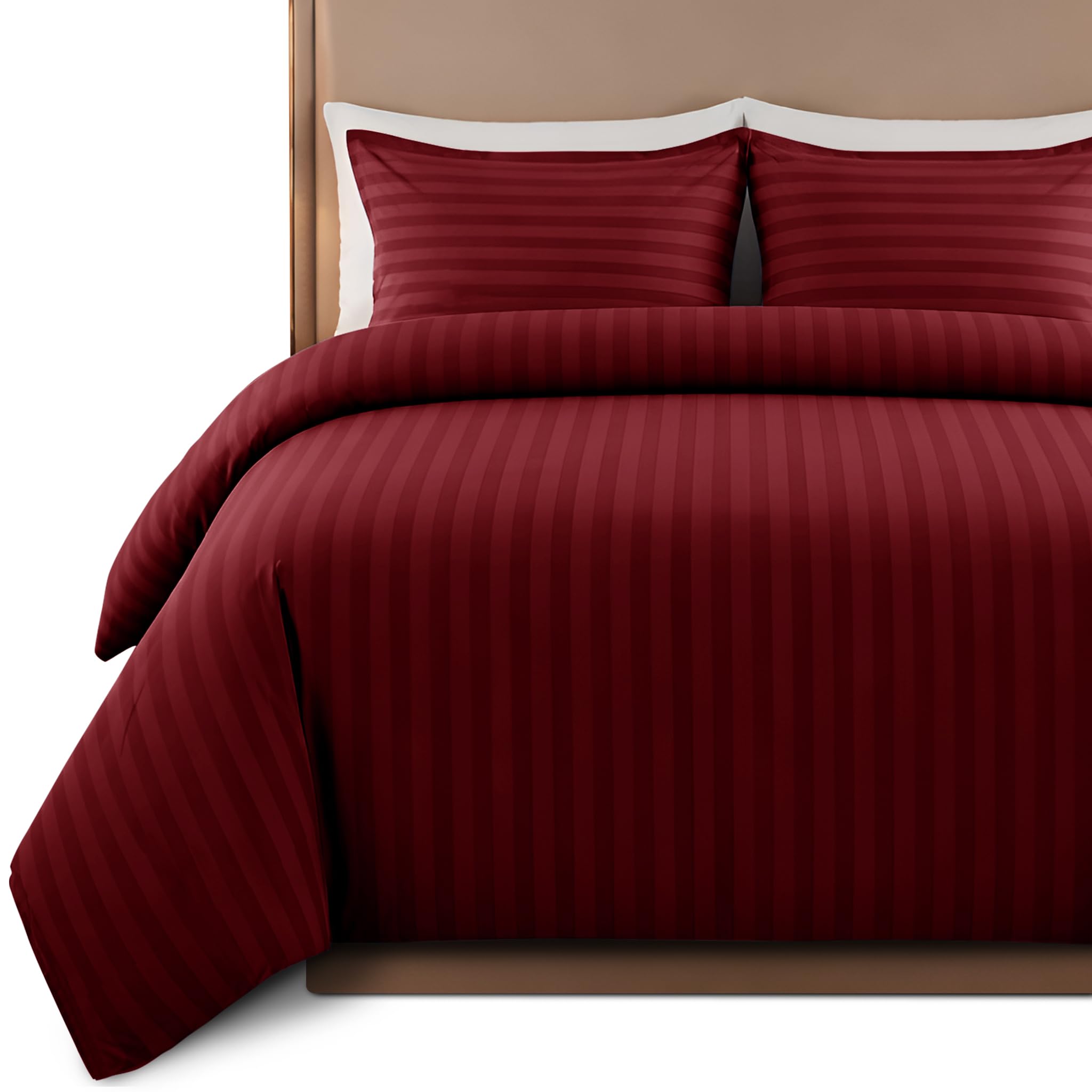 Hafaa Satin Stripe Double Duvet Set Burgundy - Premium Hotel Quality Quilt Cover Bedding Sets - Hypoallergenic Ultra Soft Brushed Microfiber Bed Linen — image 1
