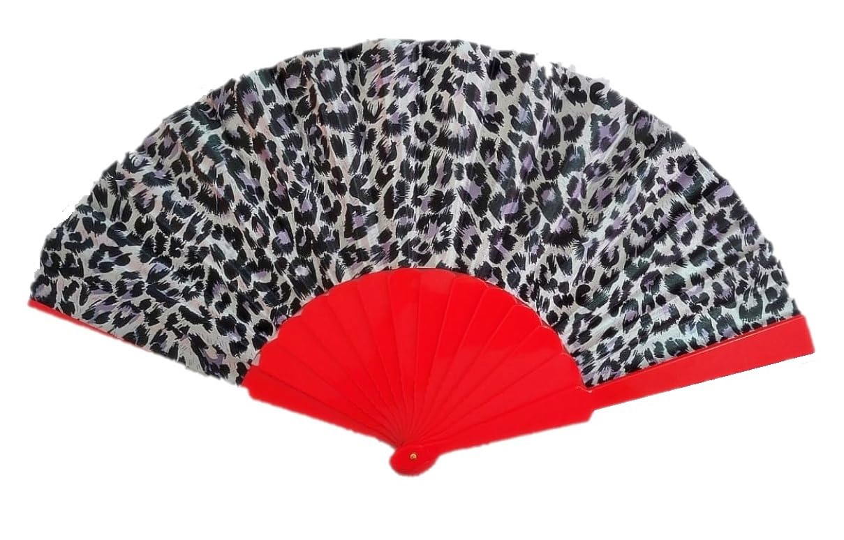 AUM Colorful Flower Floral Pattern Hand Held Folding Plastic Japanese Silk Hand Fan Gift Fan for Girls Women Wedding Favor Theme Party Decoration Stage Shows Dance (Leopard Print)