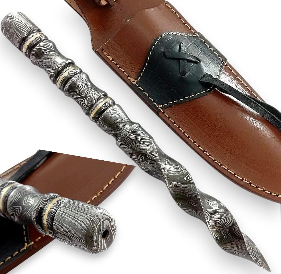 Father's Day Best Gift Custom Handmade Damascus Steel Fixed Blade Hunting Tri-Edge Spiral Kris Dagger Knife Cyclone Tri Blades knife with Sheath 10 Inch Full Tang