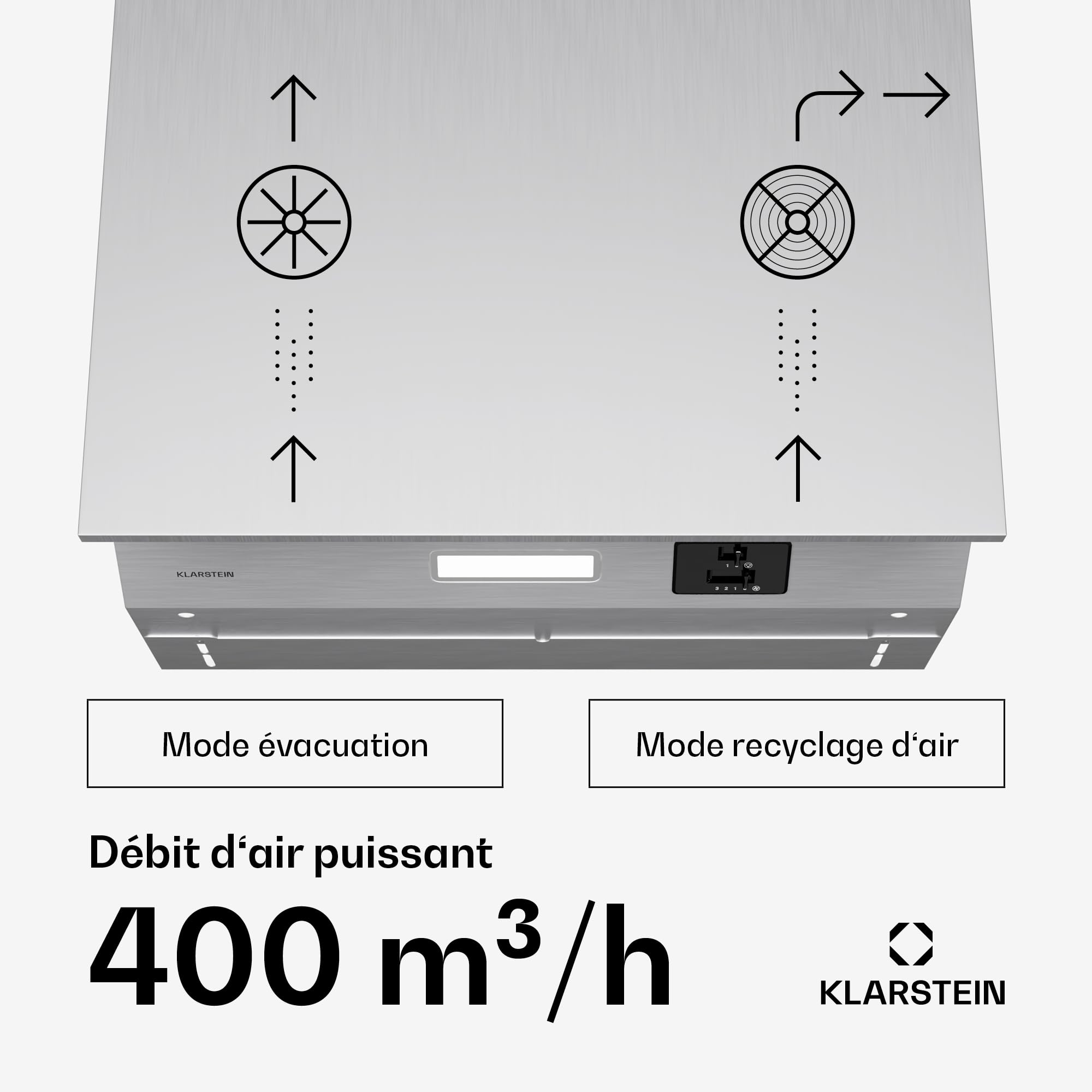 Klarstein Swift Square Hotte Aspirante, 60cm Hotte Cuisine Aspirante, Débit 380 m³/h, Double Moteur AC, Éclairage LED 2W, Filtre à Charbon Actif, Classe Énergétique C, Commande Tactile