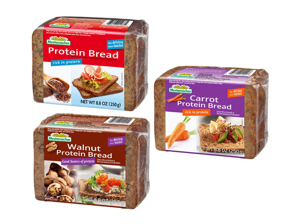Mestemacher Protein Bread 8.8 ounces, Variety Pack of 3