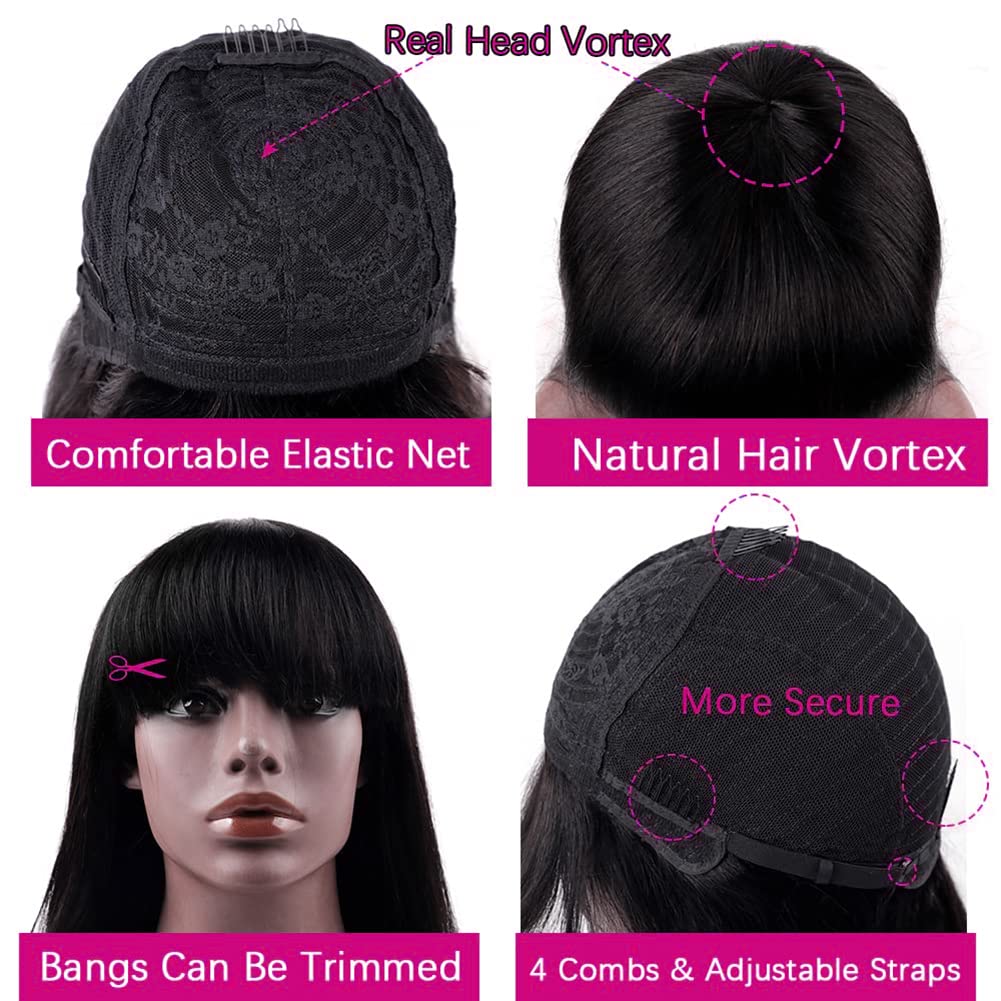 Straight Bang Wig Human Hair for Women Brazilian Virgin Human Hair Wig with Bang Machine Made Glueless Wig 150% Density Wig with Fringe 24 Inch Natural Black Color - Image 4