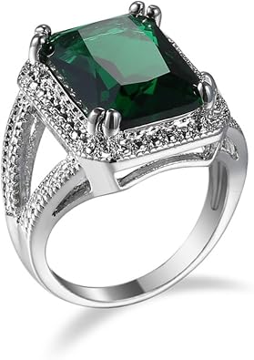 Vintage Halo 925 Sterling Silver Emerald Ring Cocktail Rings Square Cut Big Green Gem Cubic Zirconia Anniversary Promise Ring CZ Eternity Engagement Wedding Band Ring for Women