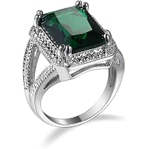 Vintage Halo 925 Sterling Silver Emerald Ring Cocktail Rings Square Cut Big Green Gem Cubic Zirconia Anniversary Promise Ring CZ Eternity Engagement Wedding Band Ring for Women
