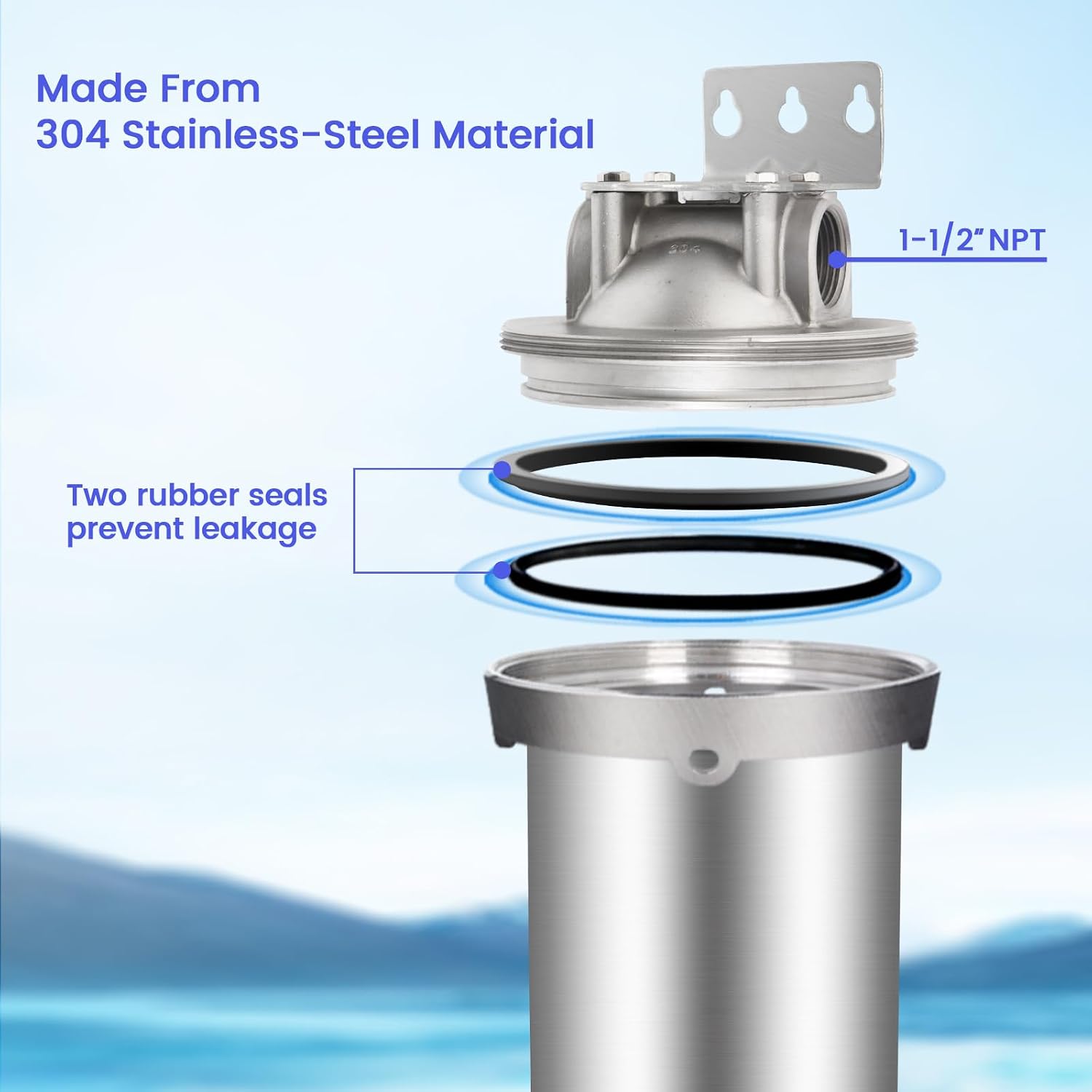 NSF/ANSI 42 Certification Big+ Stainless Steel Filter Housing for 10”Length,4.5"OD Filter Cartridge(10" C Housing-1.5NPT)