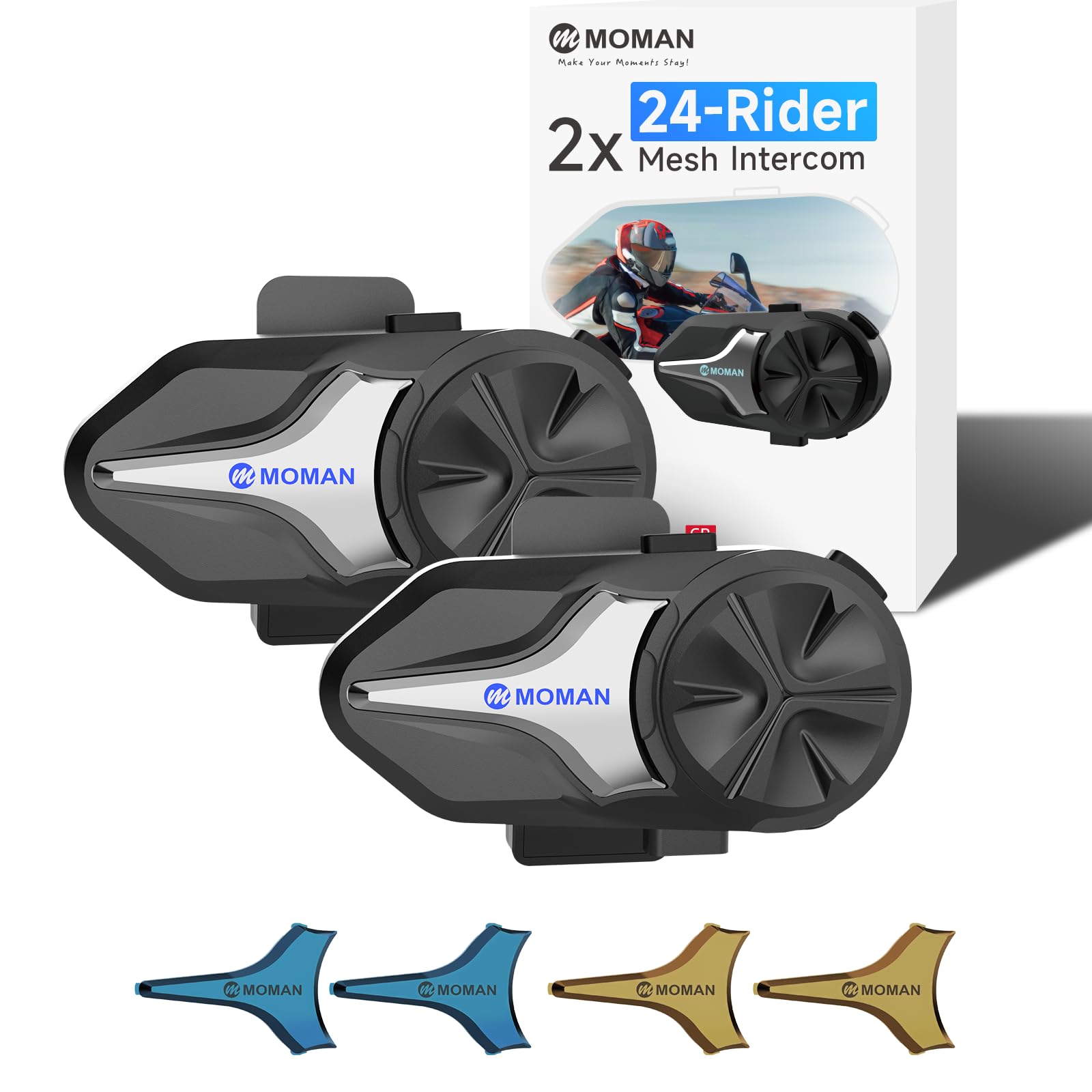 Moman Motorcycle Intercom, Group Intercom Communication Systems, FM, Hi-Fi Stereo, CVC Noise Cancellation, Waterproof BT5.1 Helmet Speaker Headset, 24 Riders Mesh Communicate(CPX 2 Pack)
