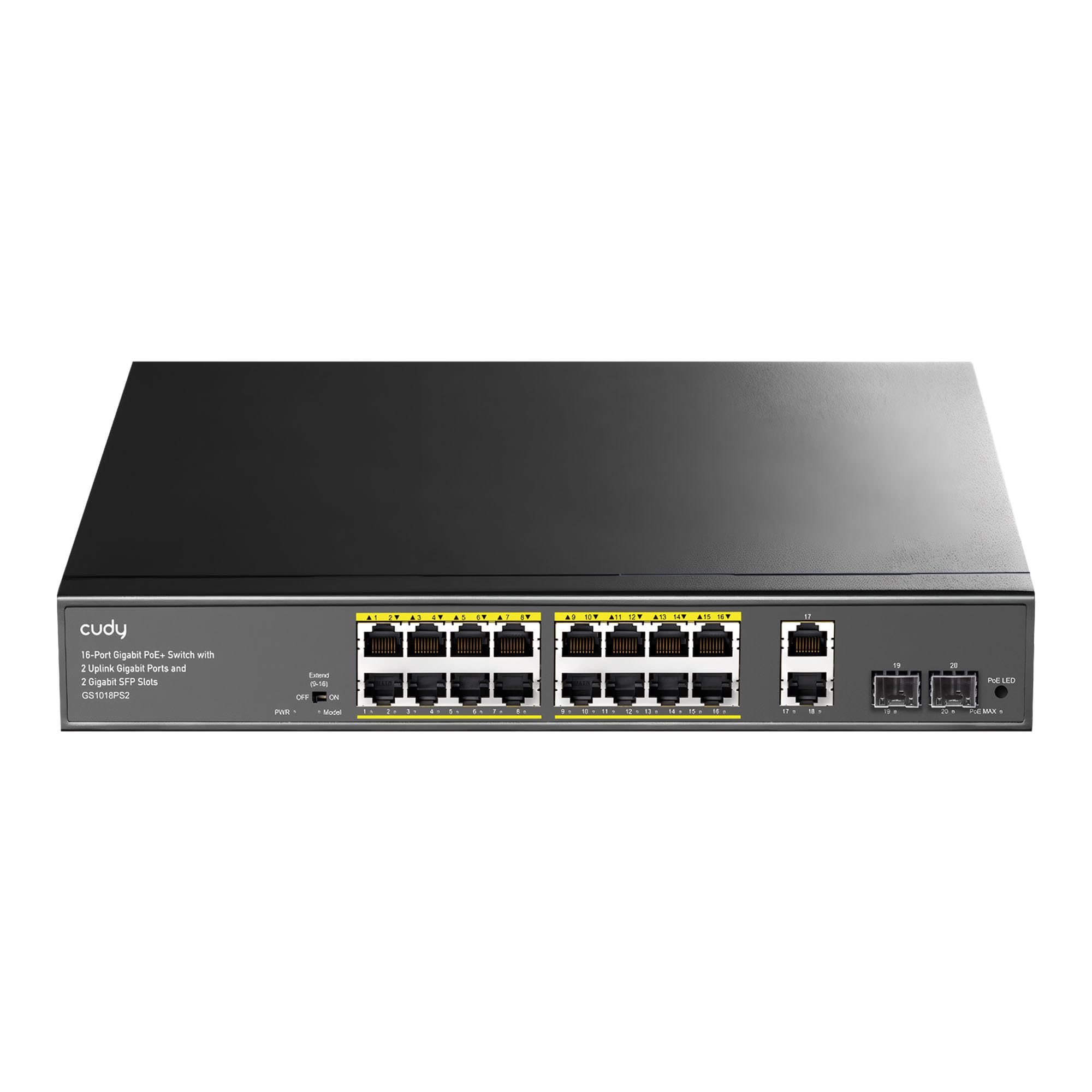 Cudy Switch PoE+ Gigabit Ethernet No Gestionado 16 Puertos, 200W, 16 Puertos Gigabit PoE+, 2 SFP, 2 Puertos Uplink, Montaje en Rack 19", 802.3af/at, GS1018PS2