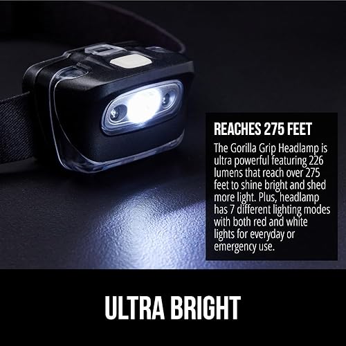 Miniatura 3 de GORILLA GRIP Lámpara de cabeza LED ultra brillante de alto lúmenes, 7 modos de luz, resistente al agua, IPX4, diadema ajustable, funciona con pilas,