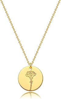 MEVECCO 18K Gold Plated Birth Flower Necklace - Custom Birth Month Floral Disc Pendant, Dainty Adjustable Chain, Personalized Birthday Gift