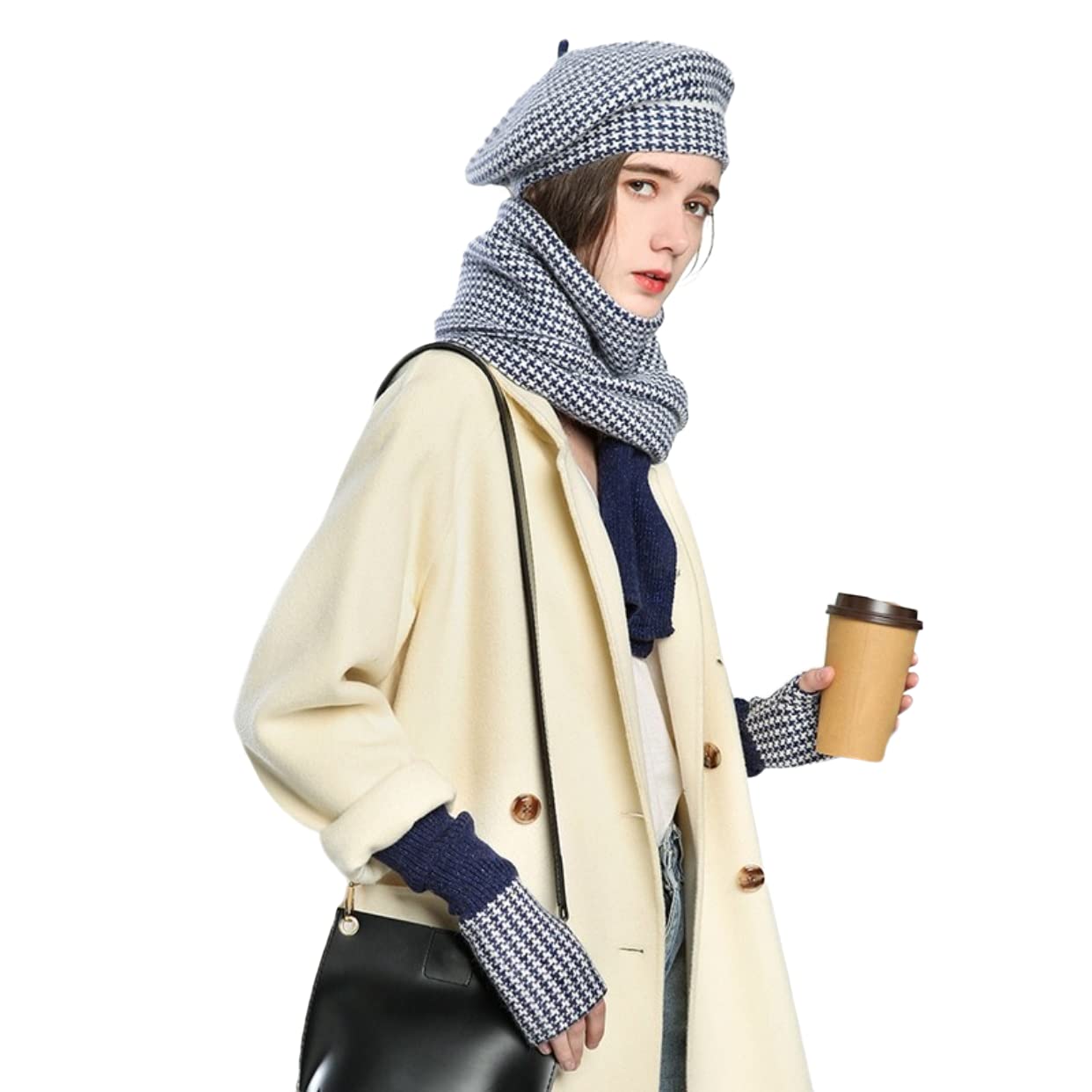 Dajingkj Baskenmütze für Damen, 3-teiliges Hut, Schal, Handschuhe, Set, Mädchen, Mode, fingerlose Handschuhe, Baumwolle, Winter-Geschenk-Set, marineblau, One size