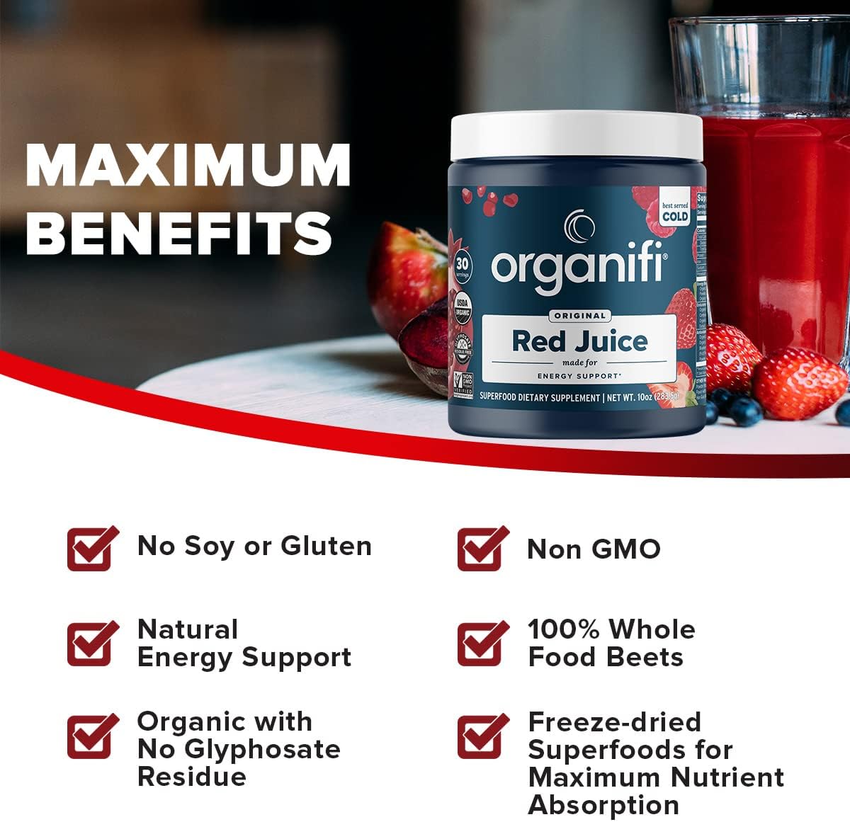 Organifi Red Juice - Vegan Pre-Workout Energy Drink Powder, 90 Servings (3pk) Organic Berries, Beets, Real Mushrooms, Prebiotics, Ginseng, Vitamin C for Focus, Peak Performance, Immune Defense Support : Health & Household