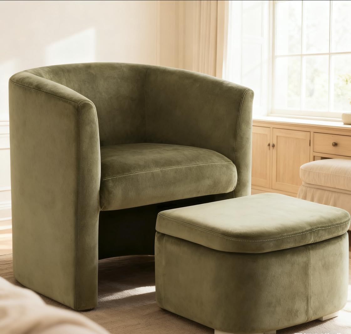 Modern Velvet Barrel Accent Chair with Storage Ottoman, Space-Saving Armchair for Apartment Living/Study Room, Green