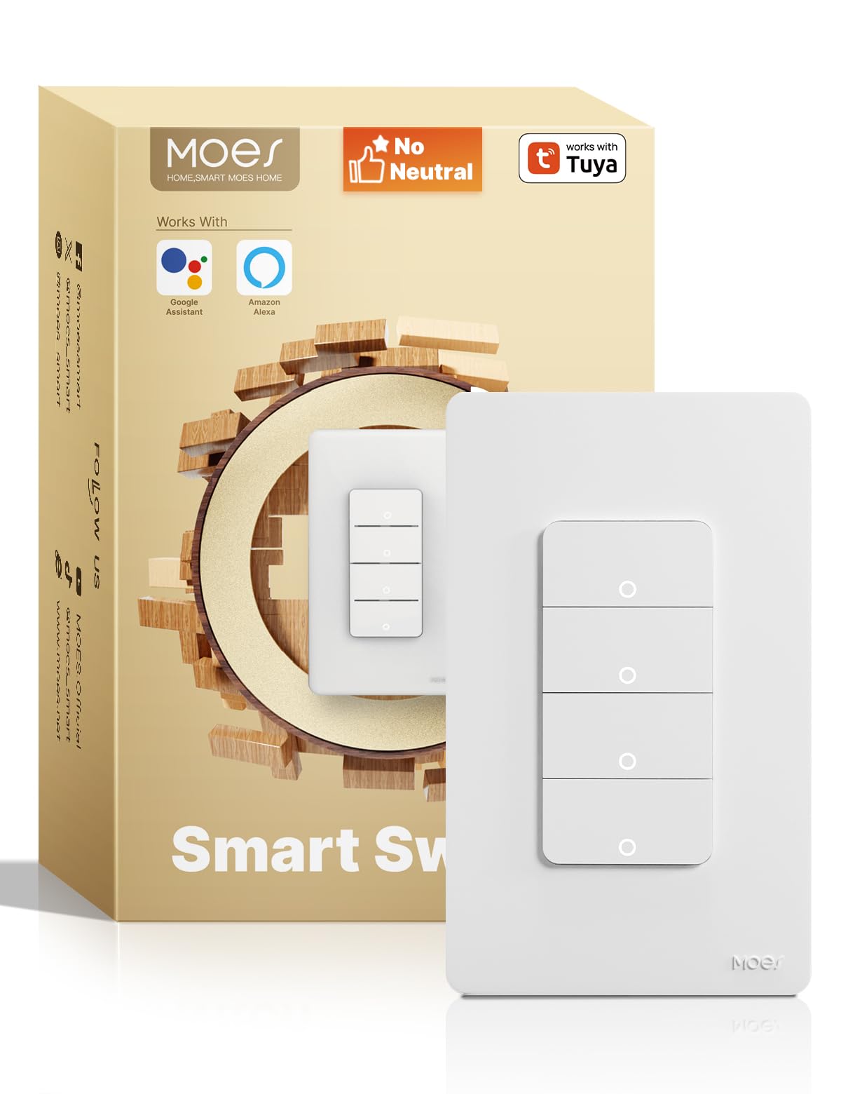Smart 4 Gang Light Switches, WiFi Single Pole Switch, No Netural Wire No Hub Required, 2.4GHz Switch Combo Compatible with Alexa Google Assistant