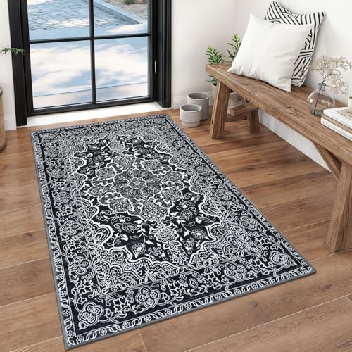 KUTA Vintage Floral Area Rug 3x5 ft, Washable Non-Slip Soft Kitchen Rugs, Low-Pile Entry Throw Carpet for Living Room, Bedroom, Nursery Black