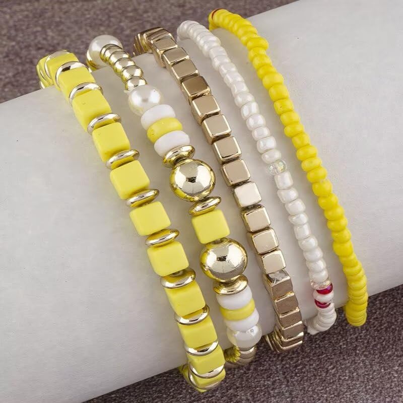 Colorful Layered Boho Bracelet for Women Yellow Black White Beaded Bracelet Set Statement Stretch Bracelet Birthday Party Friendship Jewelry4