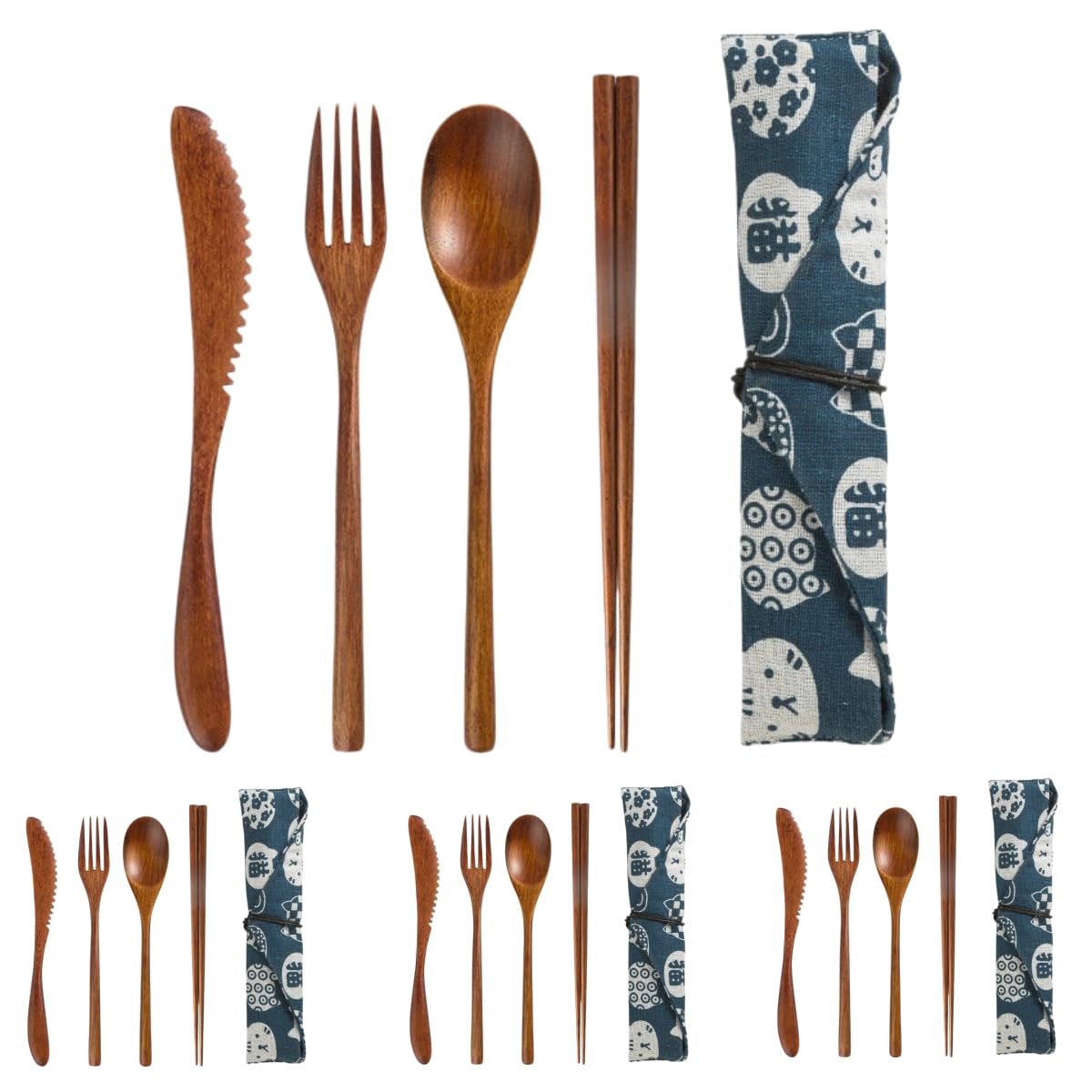 Holzbesteck Set Tragbares Hölzernes Tafelmesser Essstäbchen Gabel Löffel Langer Griff Wiederverwendbar Walnuss 4Er Set