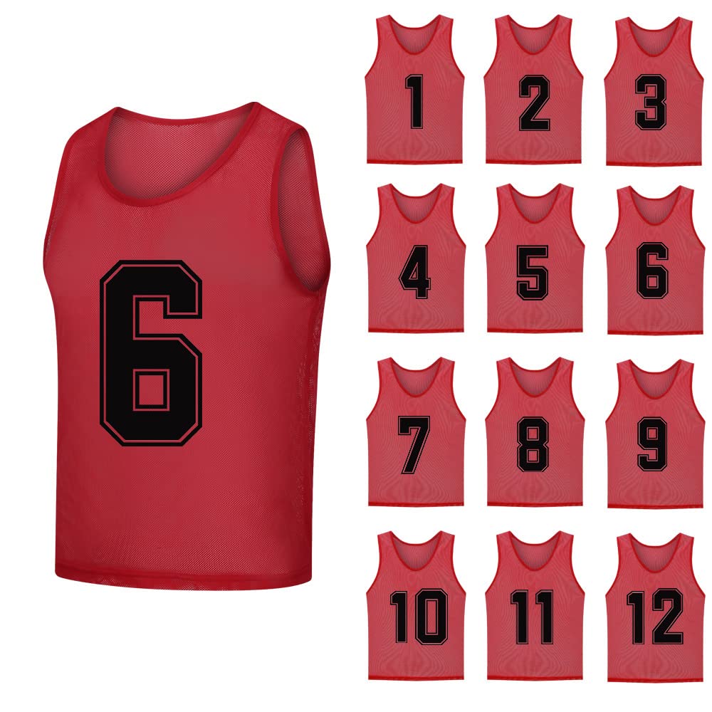 SHIJIXING 12 Pack（1-12） Numbered Pinnies/Soccer Training Bibs/Basketball Jerseys for Kids,Youth and Adults, 1-12 Red, XL