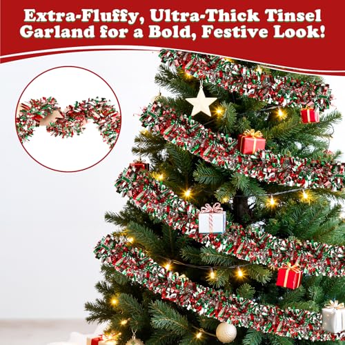 Image of 50FT Christmas Tinsel Garland, Red Green&Silver Metallic Twist Shiny Hanging Garland Ornaments for Christmas Tree, Party Supplies Thick Metallic Xmas Streamers