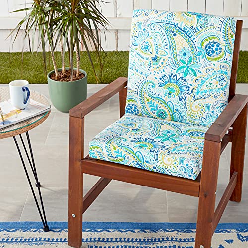 Pillow Perfect Paisley Outdoor Round Corner Chair Cushion Deep Seat, Weather, And Fade Resistant, Square Corner - 36.5" X 18", Blue/Yellow Gilford, 8 Count #TOP7