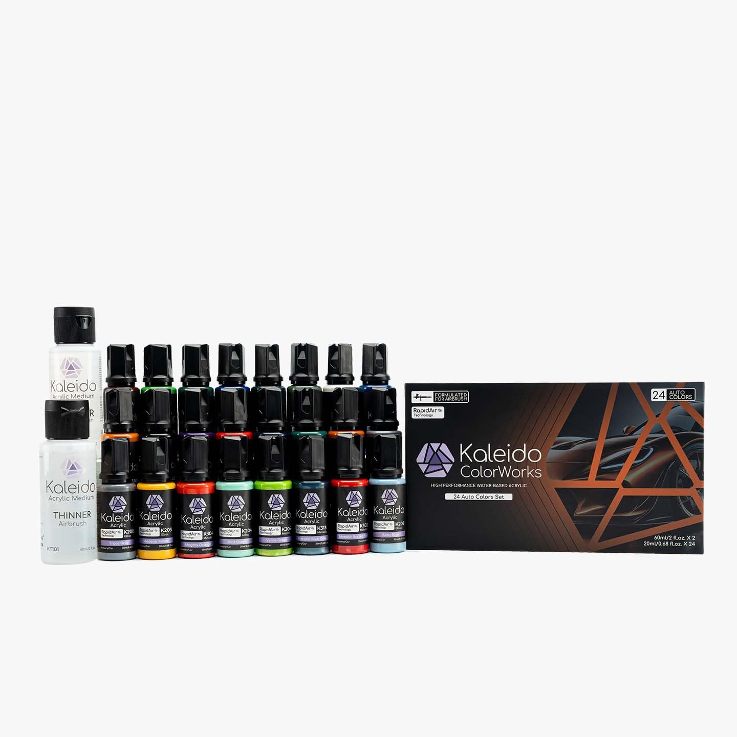 GaahleriKaleido Auto 24-Color Set – Water-Based Acrylic Airbrush Paint Kit for Car Models, Gundam,Mecha,Pre-Thinned, High Gloss, Fast-Drying, with Thinner & Cleaner