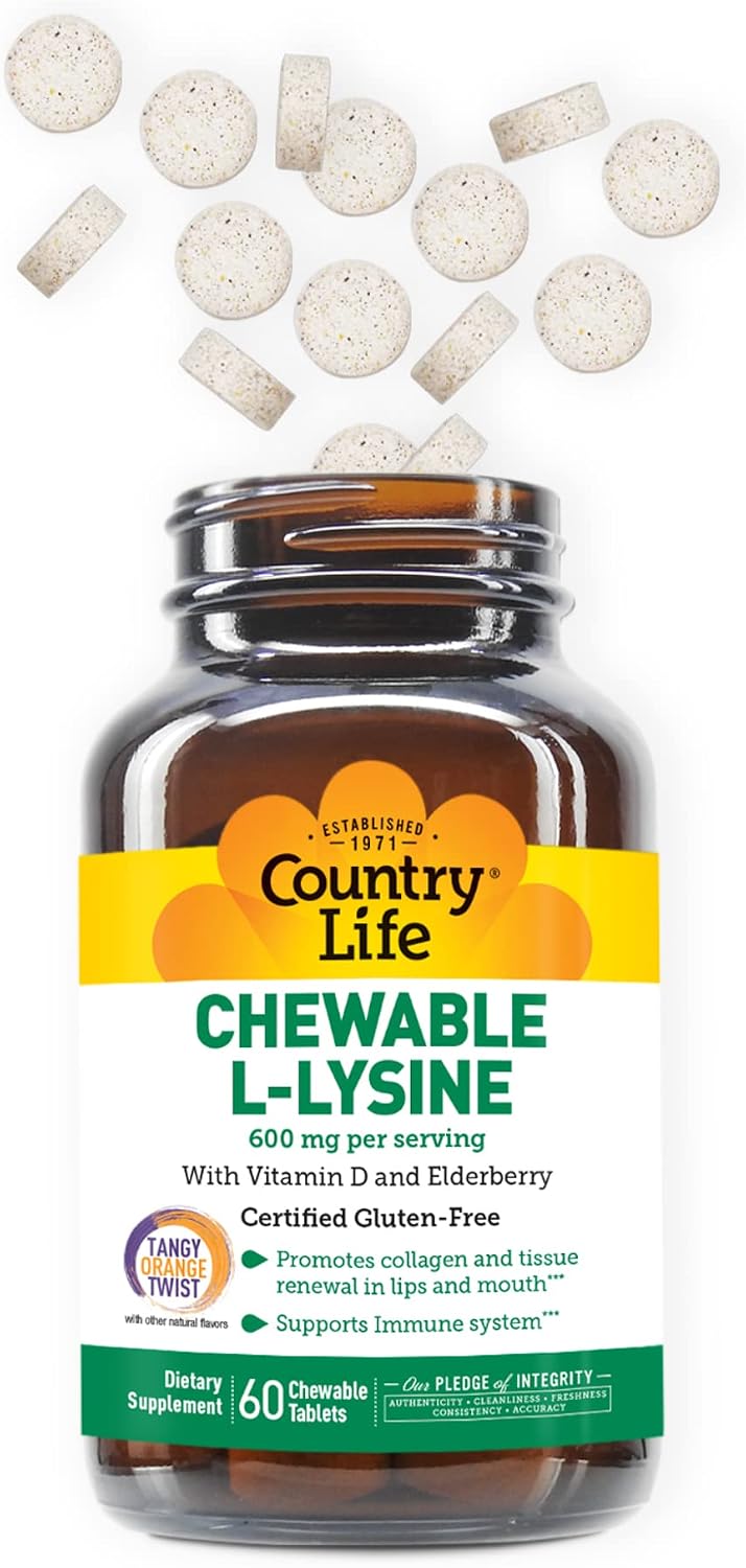 Country Life Chewable L-Lysine 600mg - 60 Tabs - Supports Immune Health - Supports Natural Collagen Production - Vitamin D - Elderberry - Great Taste