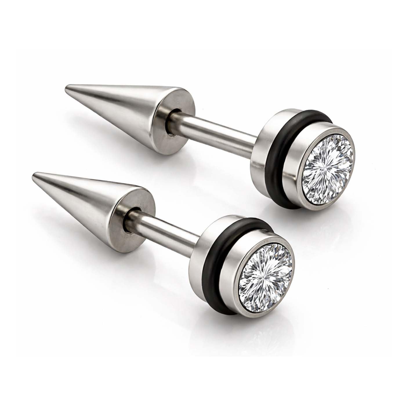 (1 Pair) Unisex Fancy & Stylish Stainless Steel Silver Plated Glossy Finish Elegant Black Round Cone Shape Cubic Zirconia Screw Bali Stud Hoops Ear Piercing Earrings for Men & Women-image-37