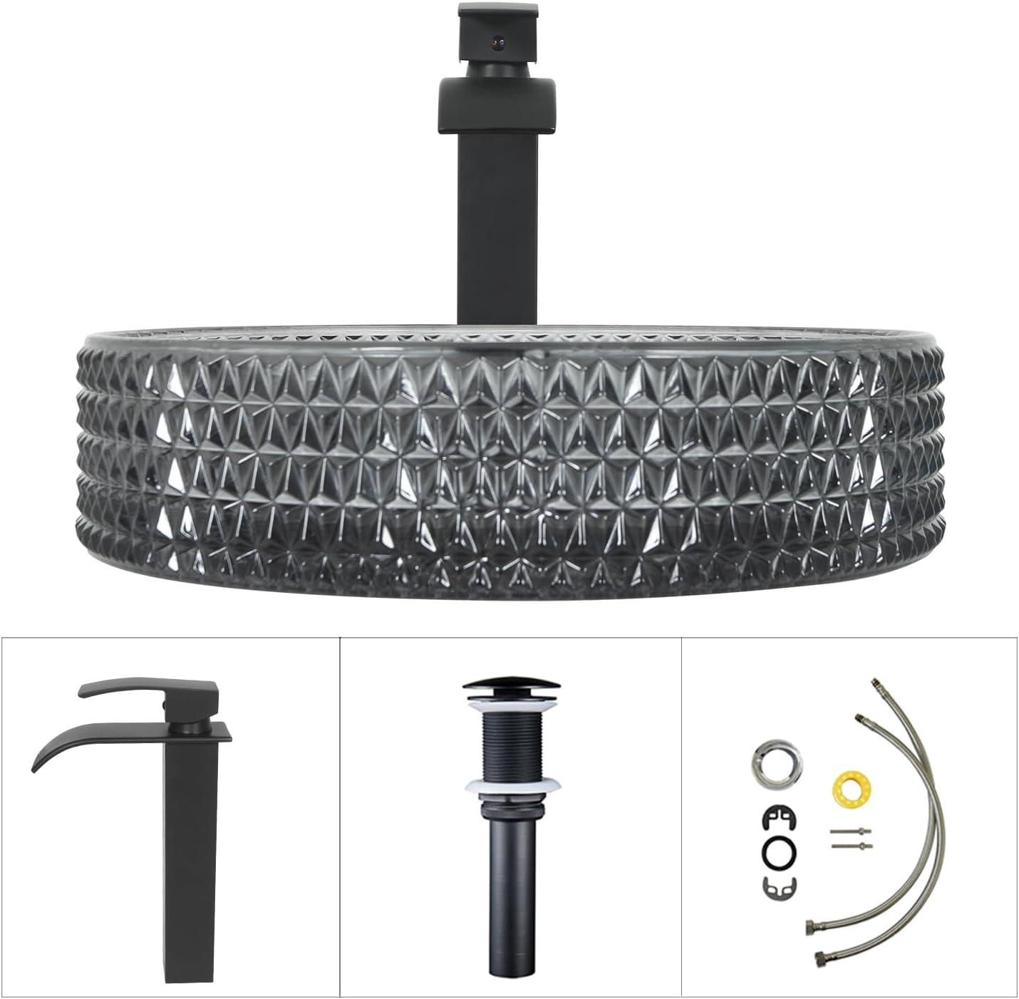 Diamond Shape Bathroom Crystal Glass Vessel Sink with Black Faucet and Pop-up Drain, Grey