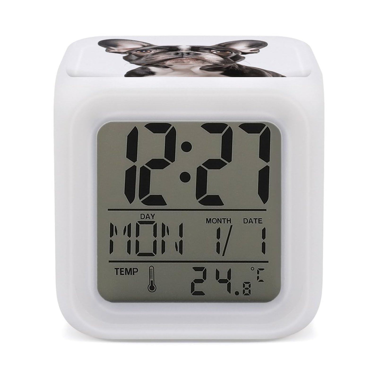 JTREHY 7 Color Changing LED Digital Alarm Clock,A French Bulldog Printed Wake-up Clock with Temperature Display Home Decoration Alarm Clock for Bedroom Office