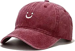 Boné de beisebol com rosto sorridente vintage, envelhecido, discreto, não estruturado, de algodão, ajustável, para mulheres e homens, Borgonha, tamanho �nico