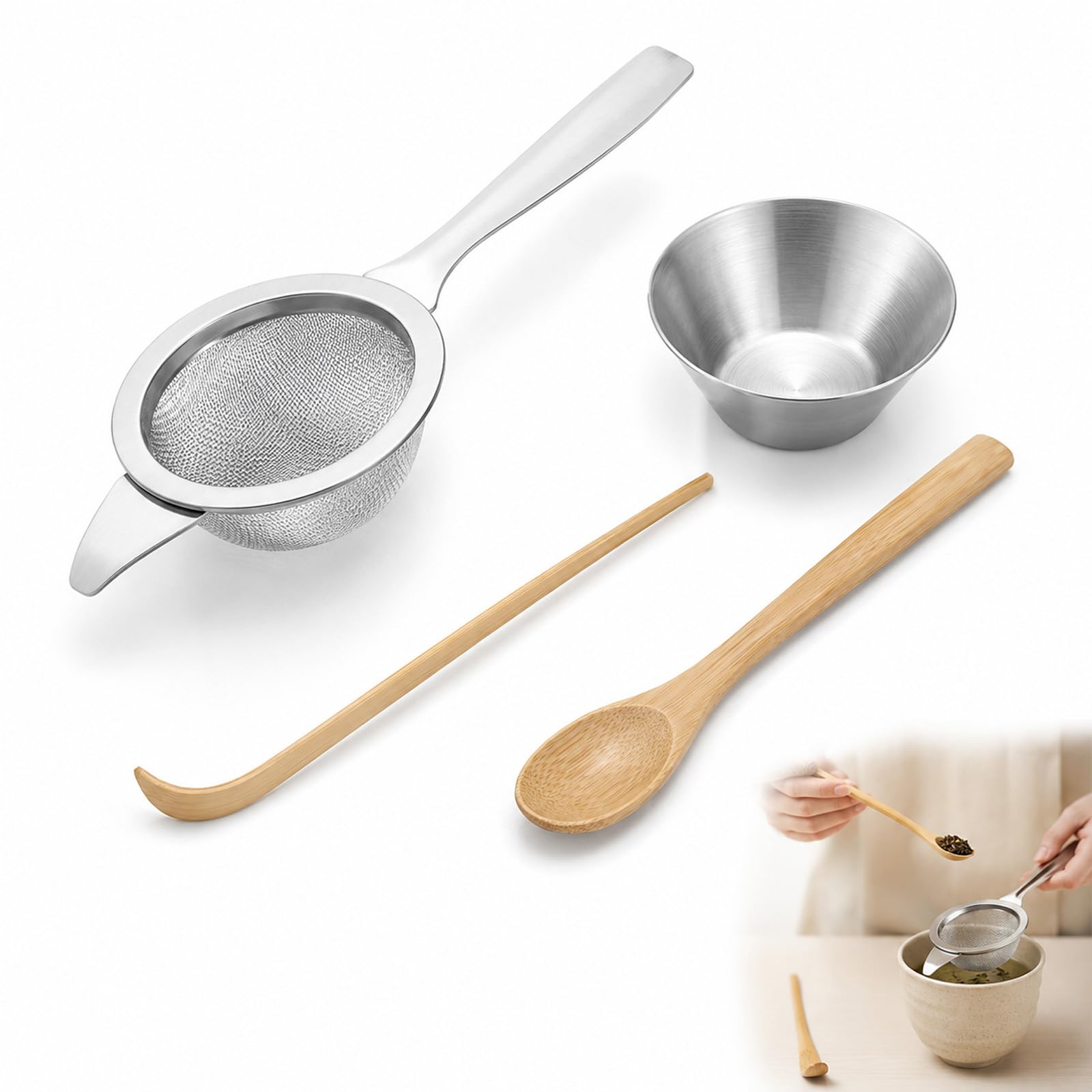 4-Piece Matcha Sieve, Fine Mesh with Matcha Scoop and Teapot Tool for Daily Brewing