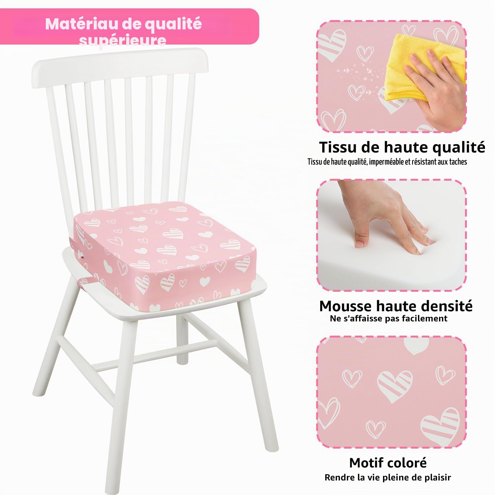 Rehausseur Chaise Enfant, Lavable Coussin Rehausseur avec 2 Sangles Réhausseurs pour Enfant 36 x 32 x 10 cm - Cœur