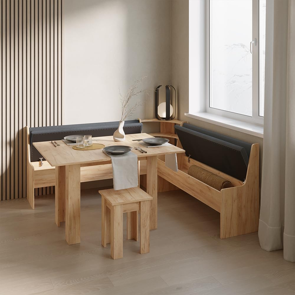 Livinity Conjunto con Banco esquinero Tiberio, Roble Dorado, 180 x 180 cm con Mesa